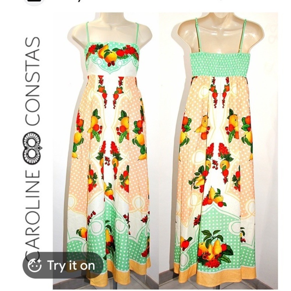 Caroline Constas Linen Fit & Flare Fruit Inspired Midi Dress L Retail $695